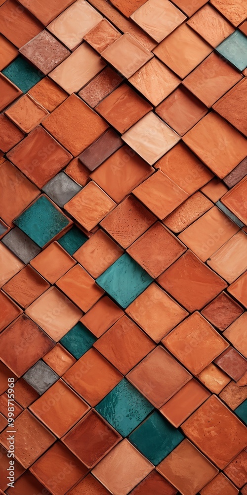 Leinwandbilder a close-up view wall composed of square tiles in various shades of orange and green, arranged in a diagonal pattern
