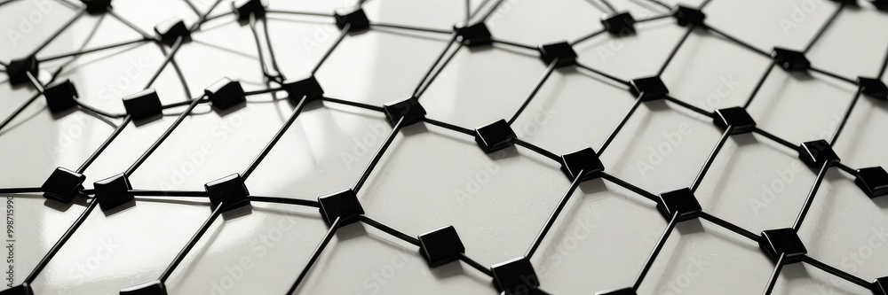 Poster A close-up view black and white wire mesh pattern, composed of numerous small square links connected by thin, straight lines