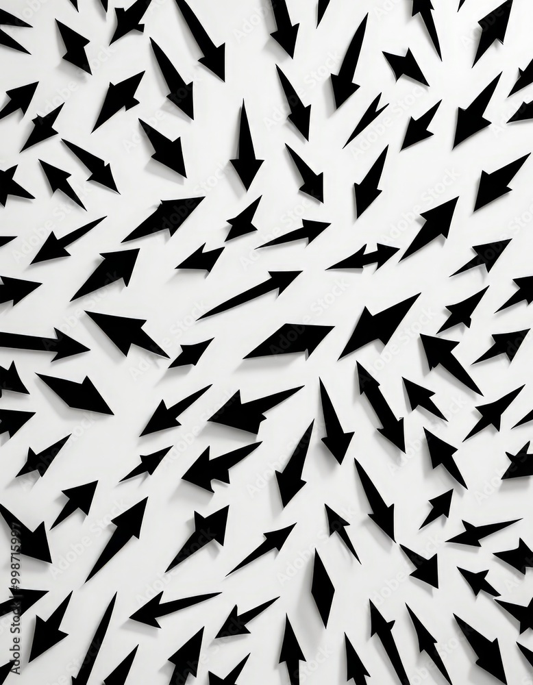 Poster a pattern of black arrows scattered across a white background, creating a visually striking and abstract design.
