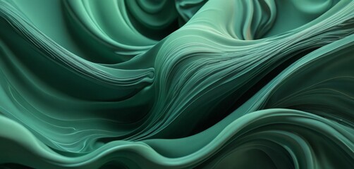 a close-up green, flowing fabric with a wave-like pattern, creating a sense of movement and fluidity