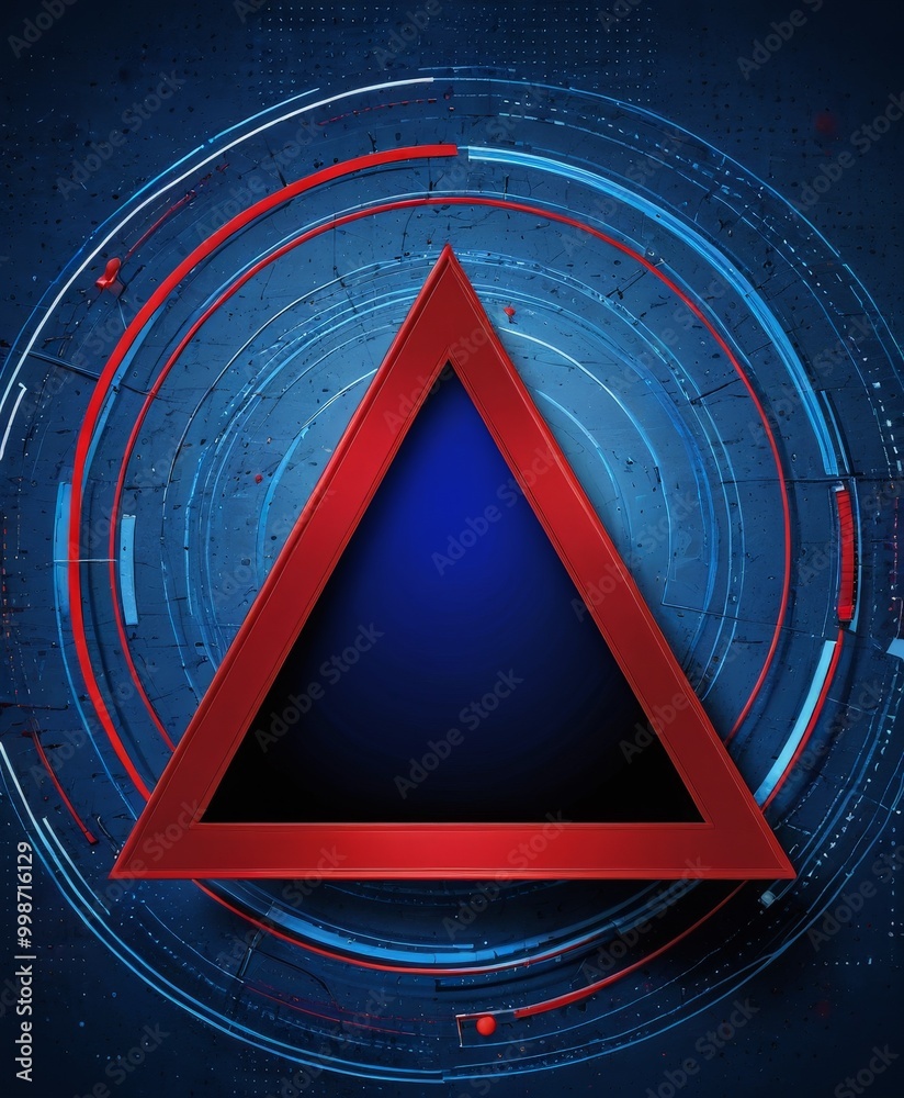 Aufkleber a red triangle with a blue background, surrounded by concentric circles and lines in red, blue, and 
