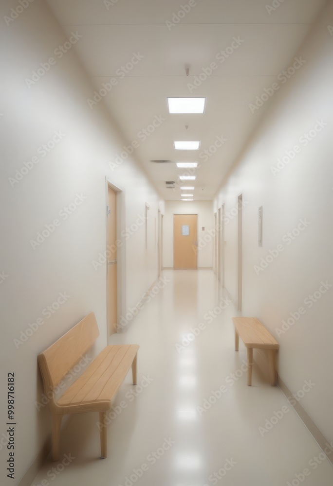Poster a long, dimly lit hallway with wooden benches on either side, creating a sense of solitude and quiet