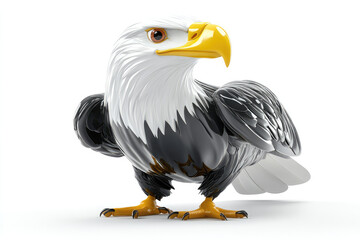 Obraz premium An impressive cartoon eagle stands proudly on a white background, showcasing its majestic presence with a powerful stance, detailed feathers, and a sharp, yellow beak.