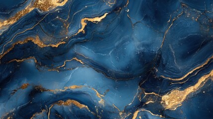 Fototapeta premium Deep sapphire blue marble with glowing gold veins, creating an elegant, striking background with geode-like textures