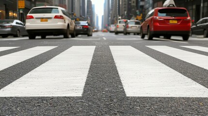 Low angle view of a city street with crosswalks and parked cars.