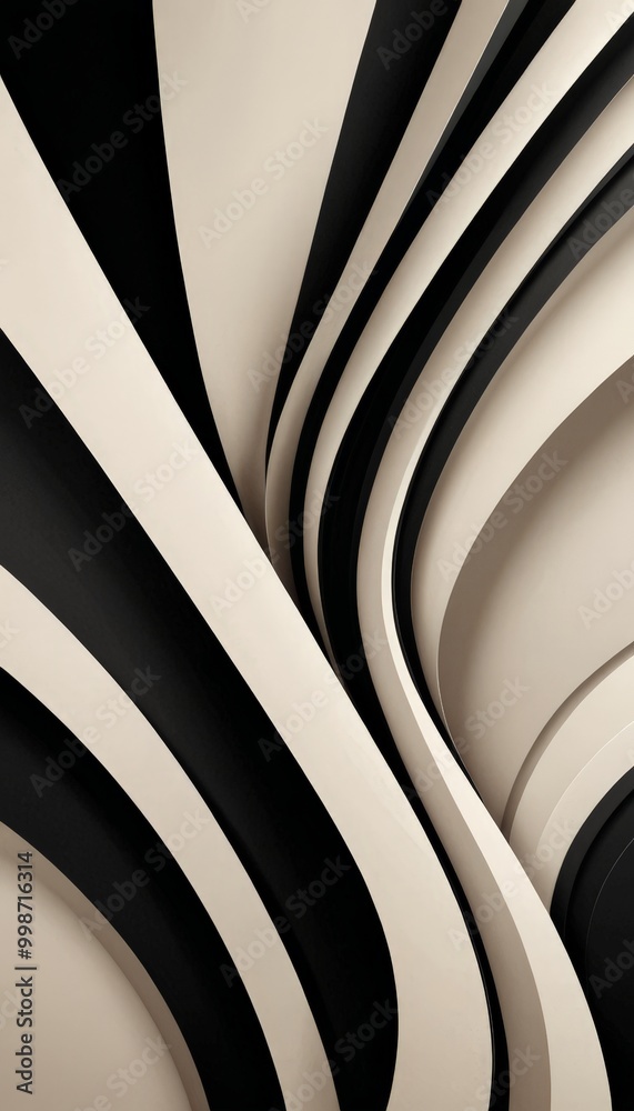 Poster a striking abstract composition of curved lines in black and white, creating a sense of movement and dynamism