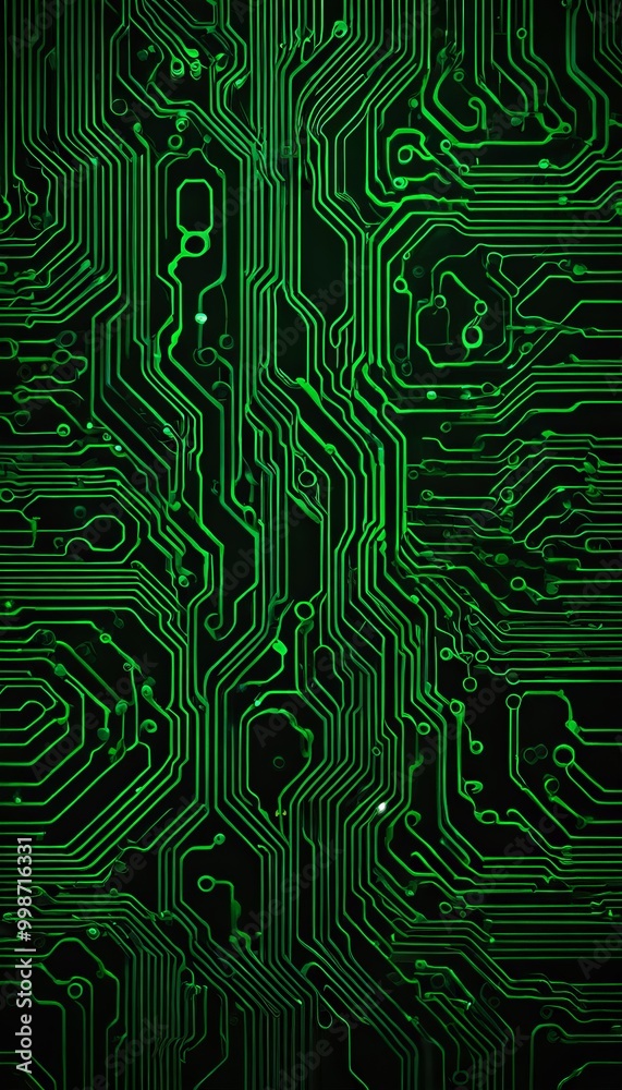 Aufkleber a detailed view circuit board, with a complex network of green and black lines and traces The circuit board appears to be illuminated, creating a striking contrast
