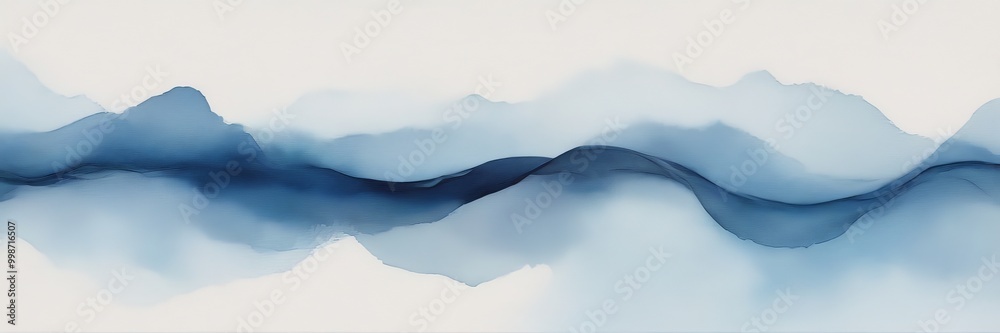 Poster a serene, abstract landscape with a gradient of blue hues, resembling the movement of water or a flo