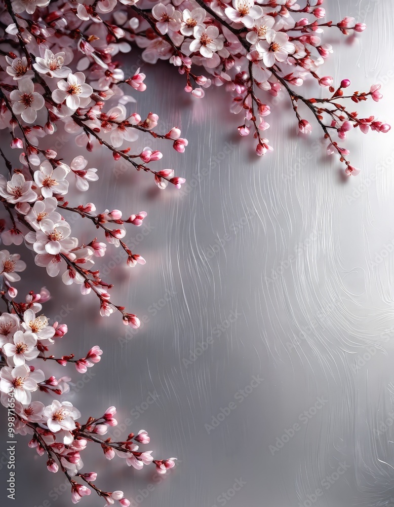 Poster delicate pink cherry blossoms in full bloom frame a textured gray background, creating a serene and 