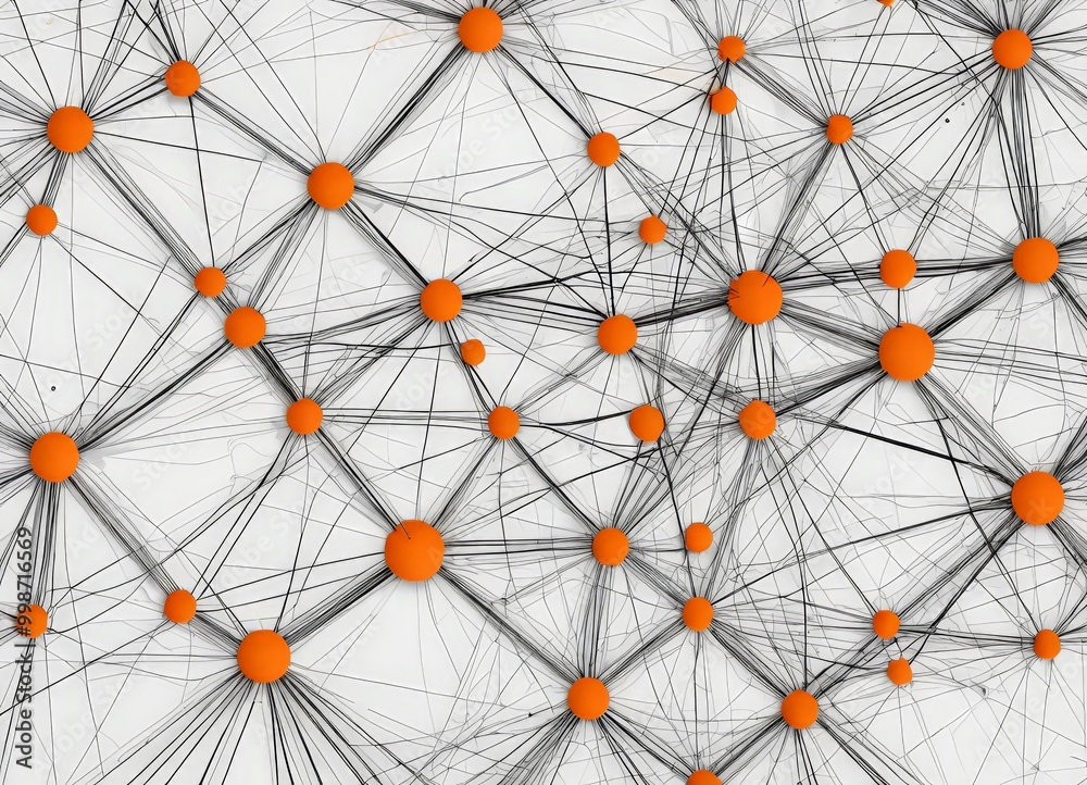 Poster a complex network of interconnected orange spheres, each connected by a network of black lines, creating a visually striking abstract pattern
