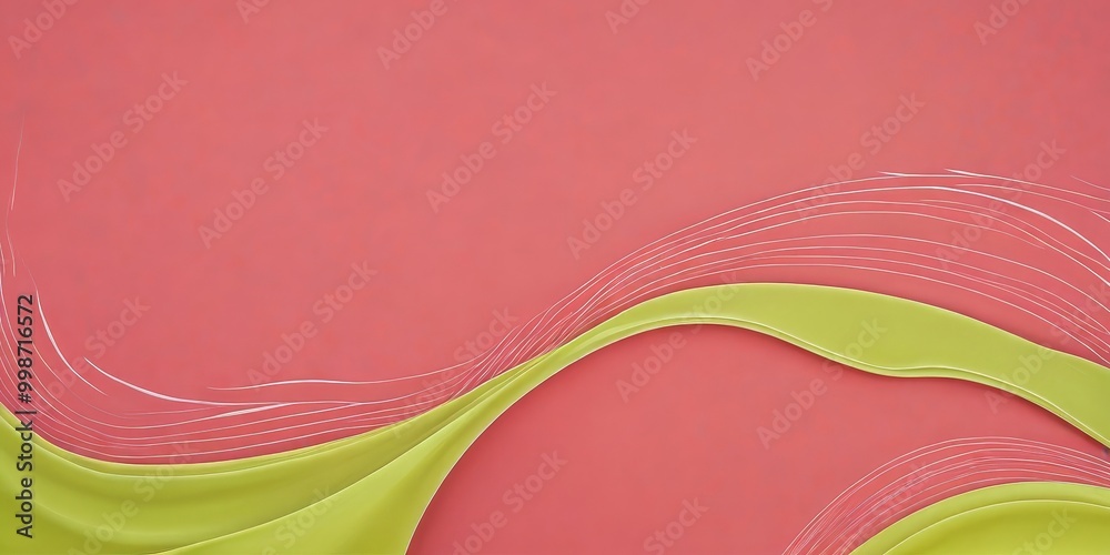 Poster a vibrant abstract composition with a pink background, a green wave-like shape, and white lines that create a dynamic and fluid visual effect