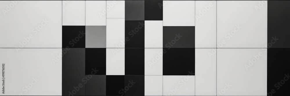 Poster a black and white photograph featuring a grid of rectangular shapes, with the top row being white and the bottom row being black