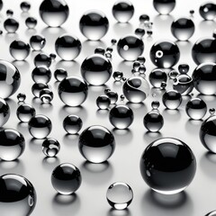 A collection of numerous transparent spheres, varying in size and shape, scattered across a white background