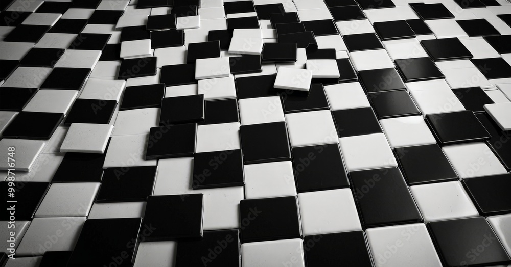 Poster A black and white checkered pattern composed of numerous small square tiles, with some tiles missing or partially broken, creating a visually intriguing and abstract design