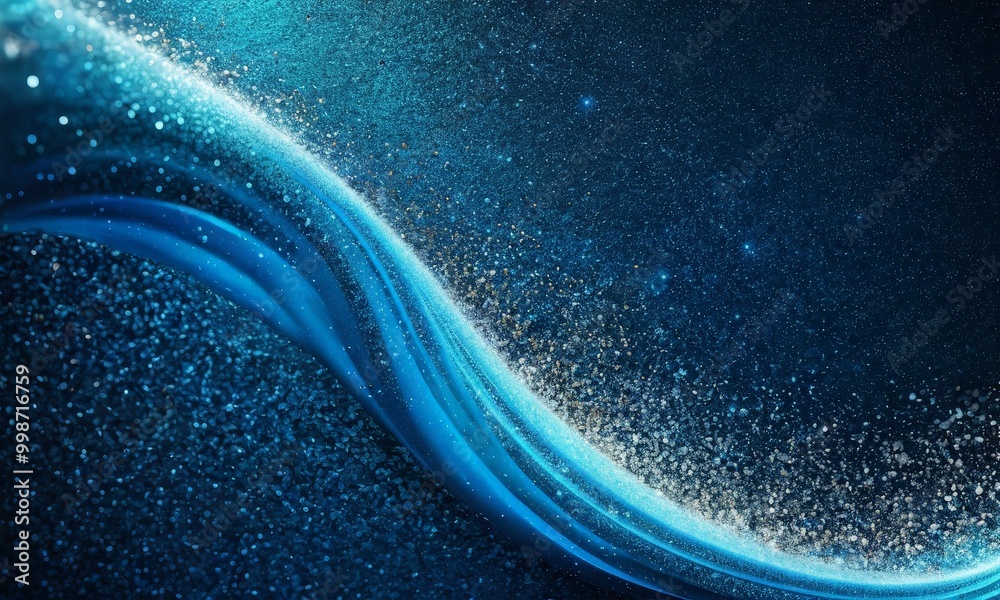 Poster a dynamic wave-like pattern with a gradient of blue and white, creating a sense of movement and energy The wave is composed of small, glittering particles that add a touch
