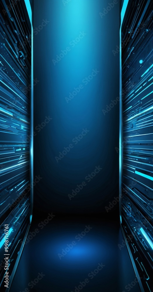 Poster a dark, empty room with a blue-tinted wall on either side, creating a sense of depth and perspective The room appears to be devoid of any objects or