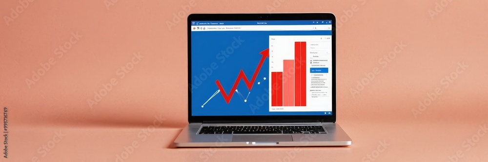 Poster A laptop screen displays a graph with a red upward-pointing arrow and a blue bar graph, set against a peach-colored background