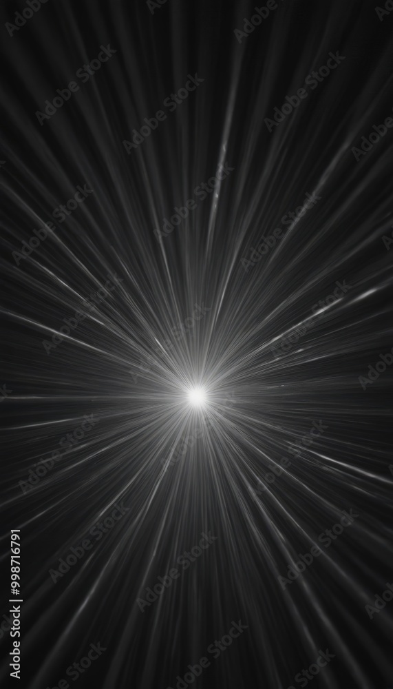 Poster a black and white abstract composition featuring a radiant burst of light at the center, radiating o