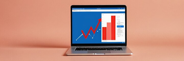 A laptop screen displays a graph with a red upward-pointing arrow and a blue bar graph, set against a peach-colored background