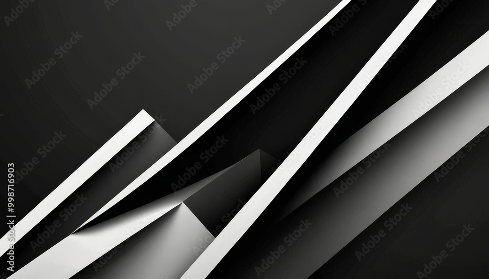 Poster a black and white abstract composition featuring intersecting diagonal lines and geometric shapes, creating a sense of depth and movement