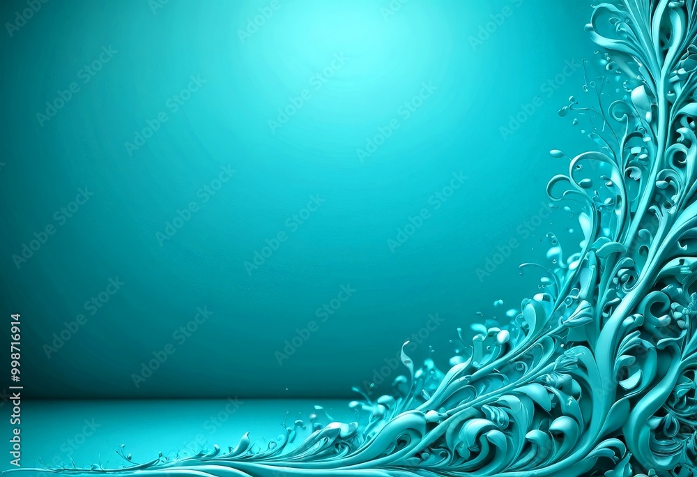 Poster a vibrant teal background with a central, abstract floral design on the right side The design consists of curved lines and swirls, creating a sense of movement and