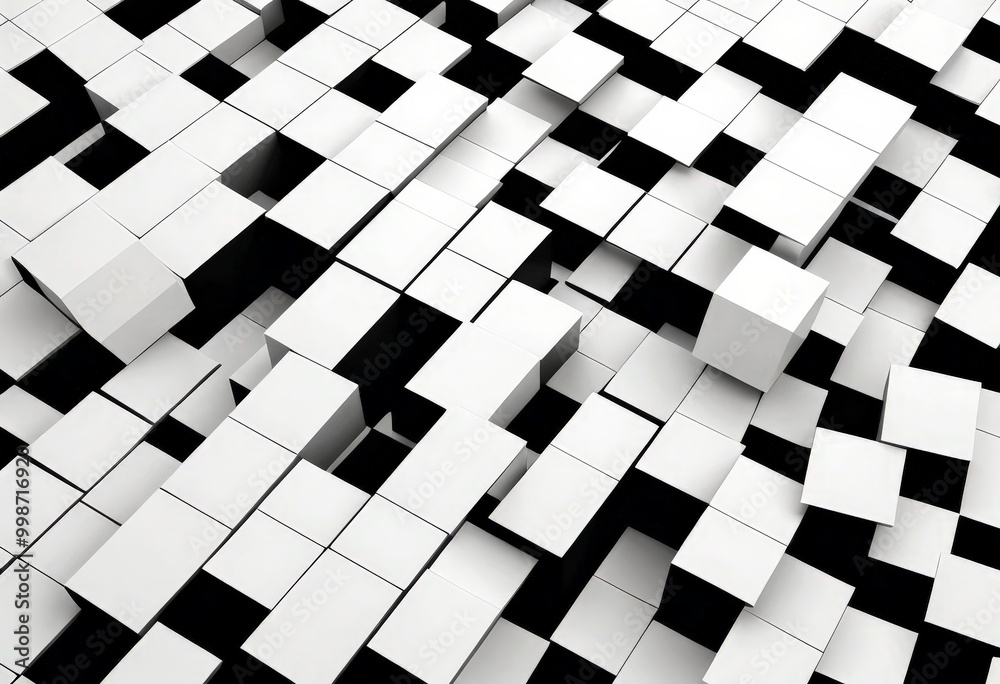 Poster a complex arrangement of white cubes, each varying in size and orientation, creating a visually striking and abstract pattern The cubes are densely