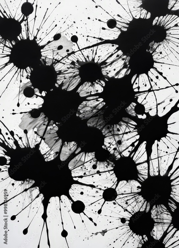 Aufkleber an abstract black and white composition featuring a chaotic arrangement of splatters and drips, creating a sense of randomness and energy