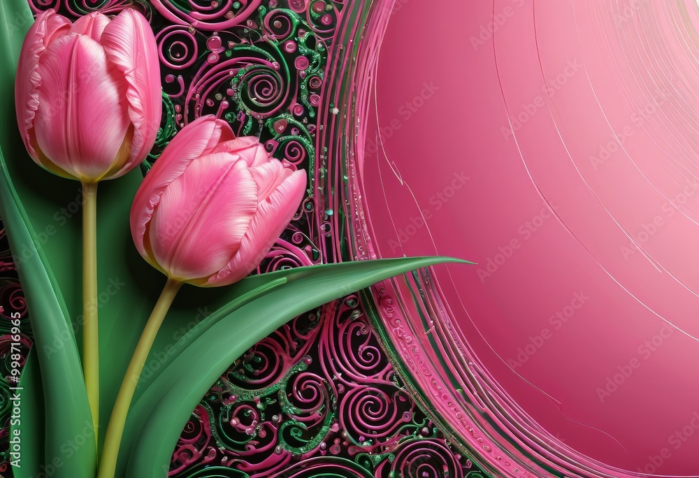 Poster two pink tulips with green leaves stand against a pink and green background with a repeating pattern