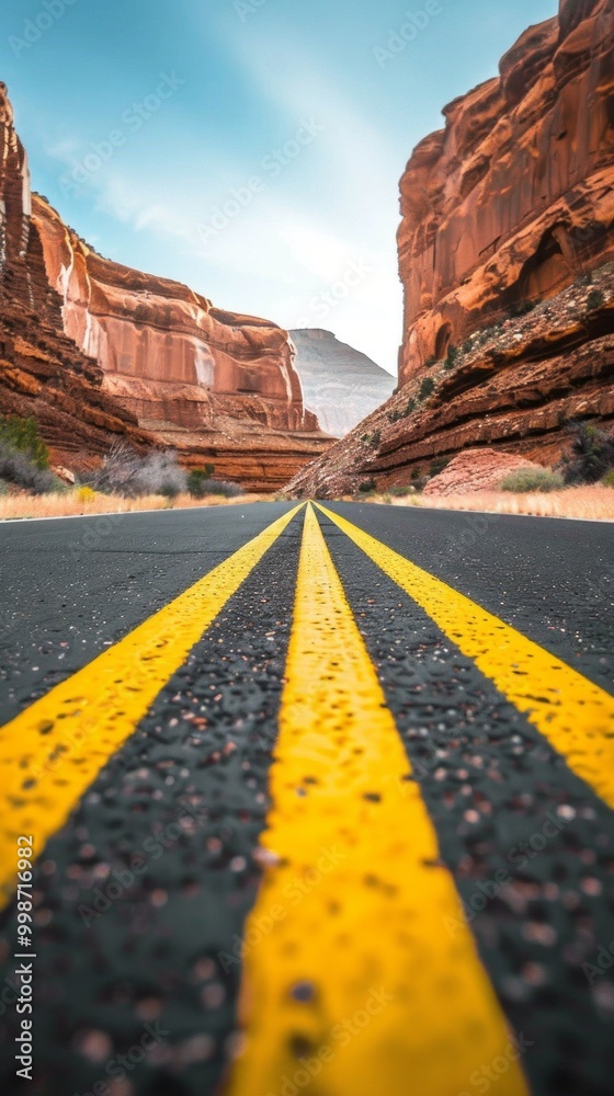 Poster a road with yellow lines and a mountain in the background