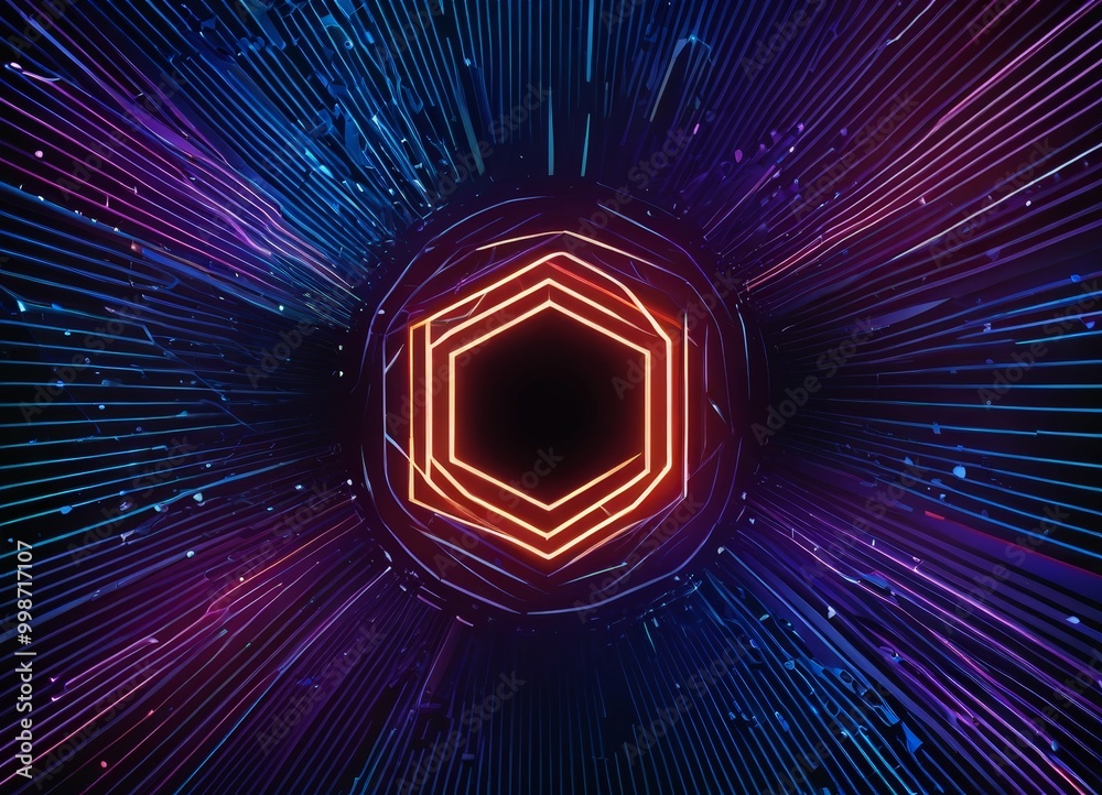 Leinwandbilder a vibrant, abstract digital artwork with a central hexagonal shape surrounded by radiating lines in 