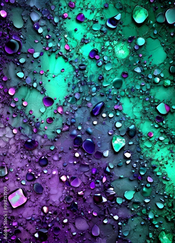 Poster a close-up view textured surface with a variety of colorful, irregularly shaped droplets of water in