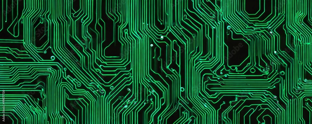 Aufkleber a close-up view circuit board with a complex network of green and black lines and traces, creating a visually striking pattern