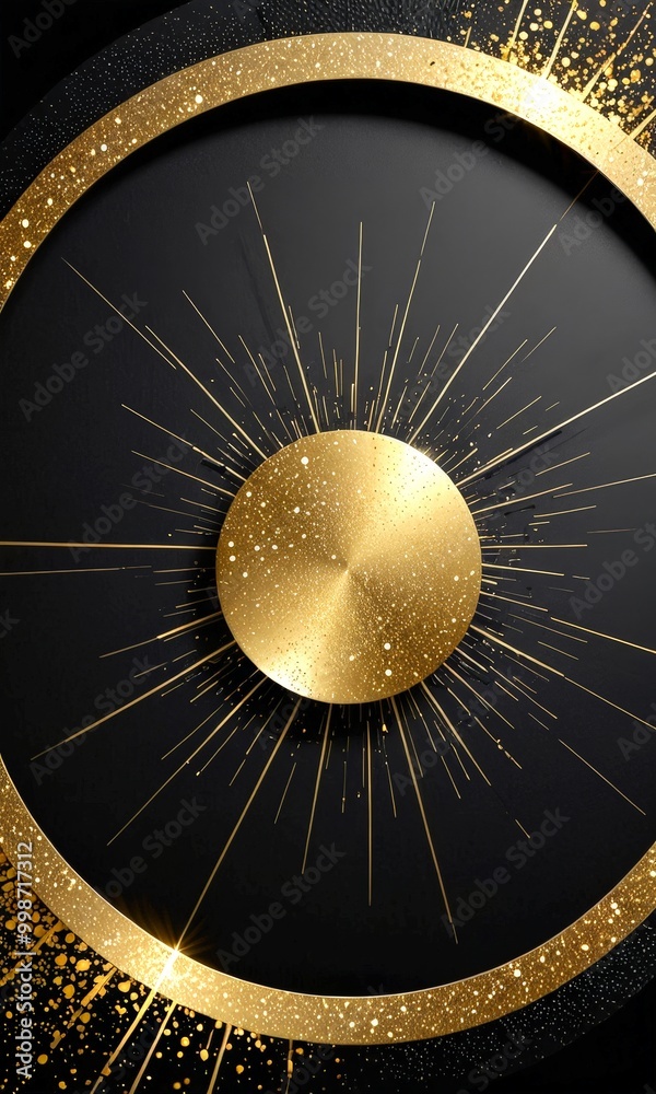 Aufkleber a circular design with a golden sunburst at its center, surrounded by a black background and gold gl