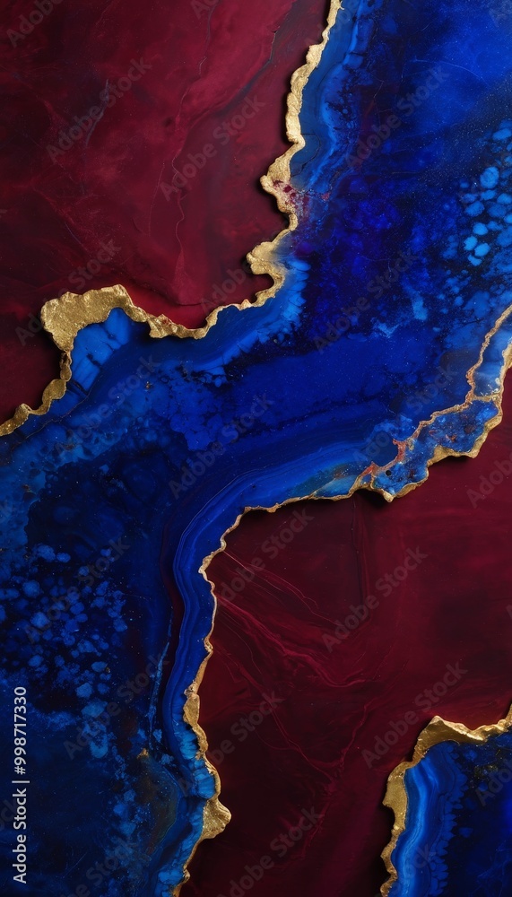 Poster a striking abstract composition of blue and red hues, with gold accents adding a touch of elegance a