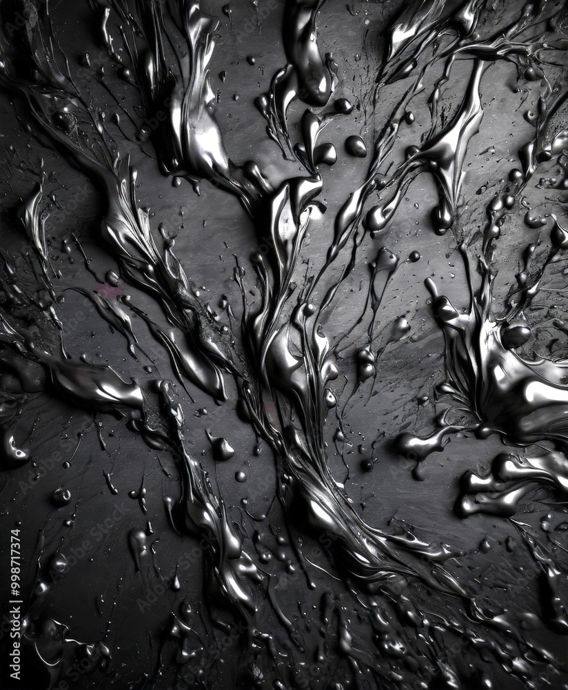 Fototapete a close-up view dark, glossy surface with a textured, abstract pattern of dark, glossy droplets or l