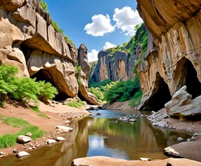 A serene natural landscape features towering rock formations on either side calm river, with lush greenery and a clear blue sky above
