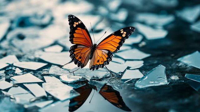 A monarch butterfly stands on broken glass with its reflection visible below