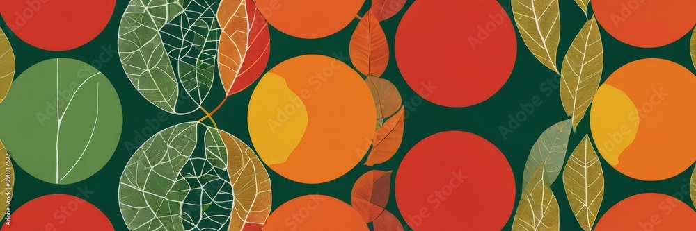 Poster a repeating pattern of overlapping circles and leaves in various shades of green, orange, and yellow