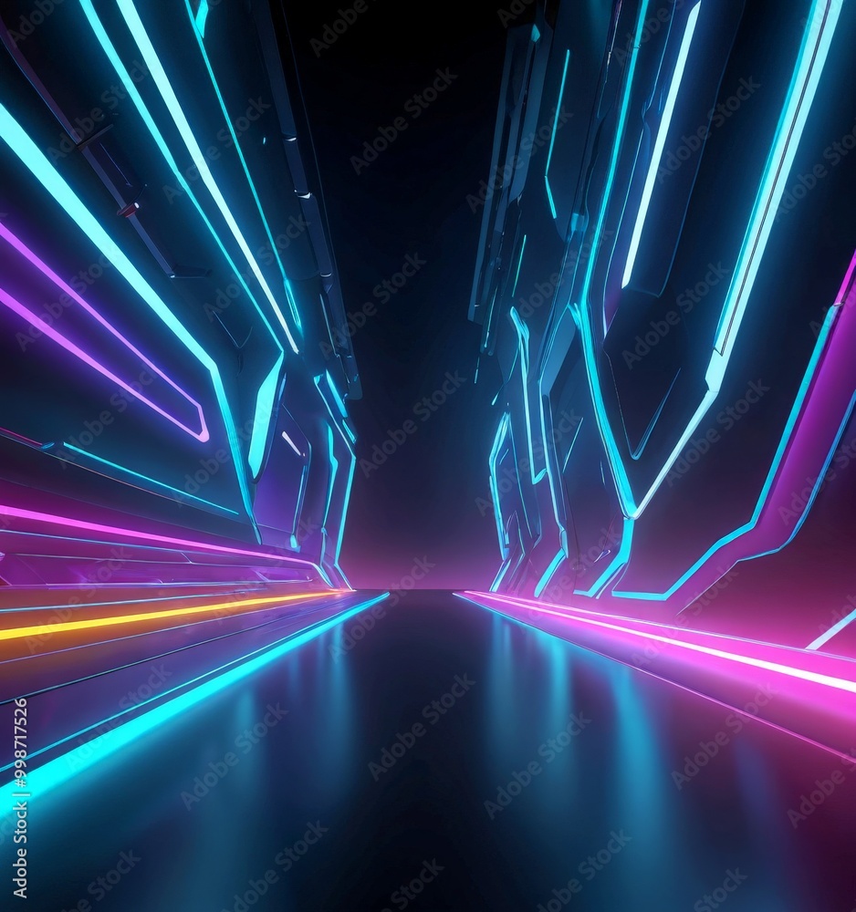 Poster A futuristic corridor with neon-colored lines and a reflective floor, creating a sense of depth and movement