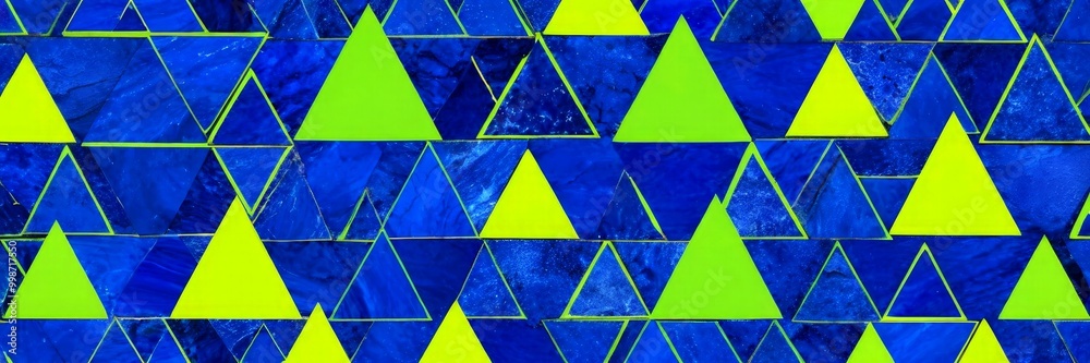 Poster a repeating pattern of blue and green triangles, creating a visually striking and geometric design