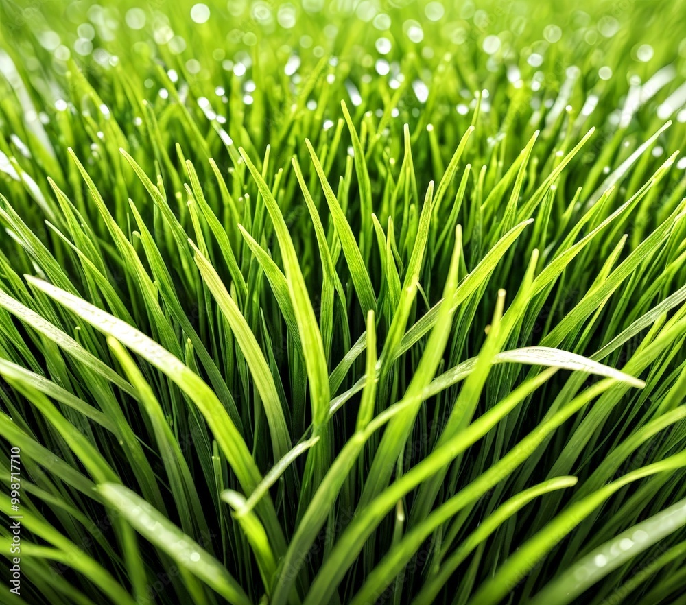 Poster close-up of lush green grass with water droplets on its blades, creating a serene and refreshing atm