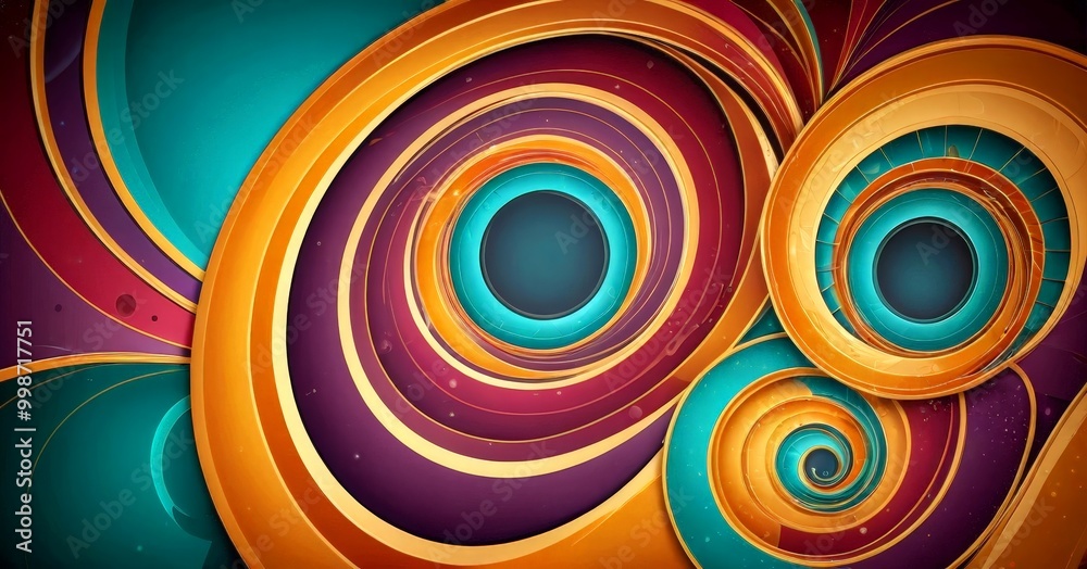 Poster a vibrant abstract composition of overlapping concentric circles in various shades of blue, orange, and purple, creating a visually striking and dynamic pattern