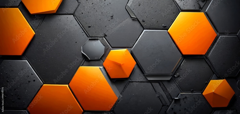Poster a geometric pattern composed of hexagonal shapes in varying shades of orange and black, creating a visually striking and abstract design