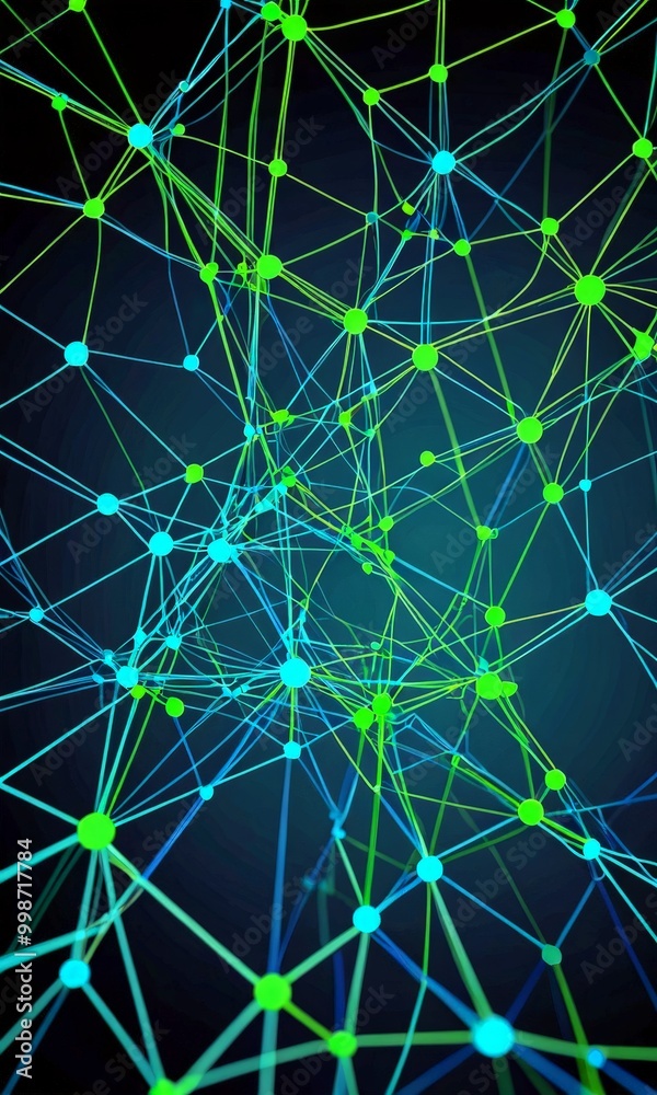 Poster a complex network of interconnected lines and dots, in shades of green and blue, against a dark back