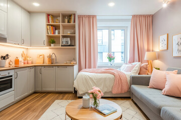 Fototapeta premium A small studio apartment with light gray and peach colors, white cabinets, a wooden floor, a sofa in the living room next to a kitchenette