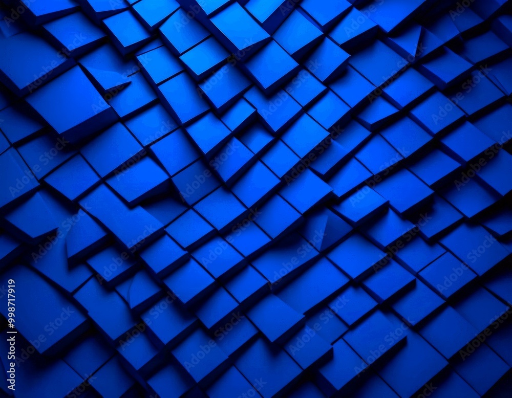 Poster a blue geometric pattern composed of numerous overlapping square and rectangular blocks, creating a visually striking and abstract design