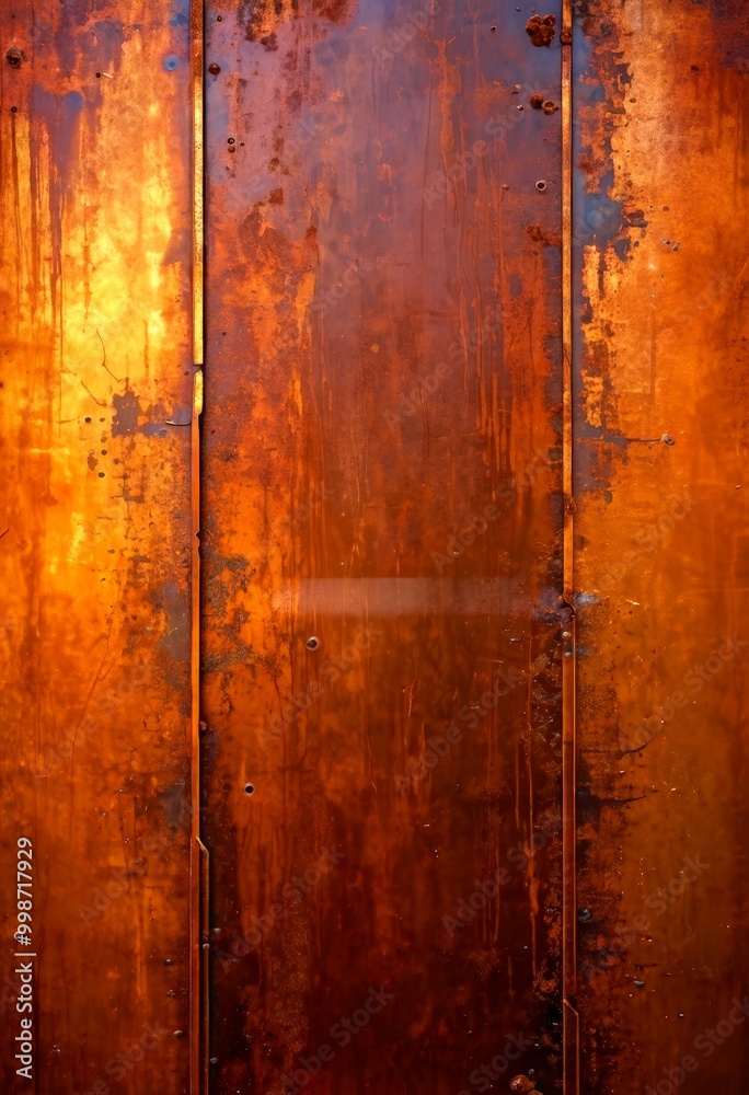 Aufkleber a close-up view textured metal surface with a reddish-brown hue, featuring vertical lines and a white line running horizontally across the center