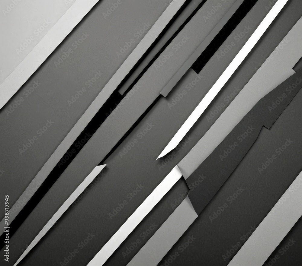 Poster a black and white abstract composition with diagonal lines intersecting at various angles, creating a sense of depth and movement
