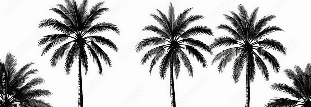 Aufkleber three tall palm trees with long, thin leaves stand against a white background