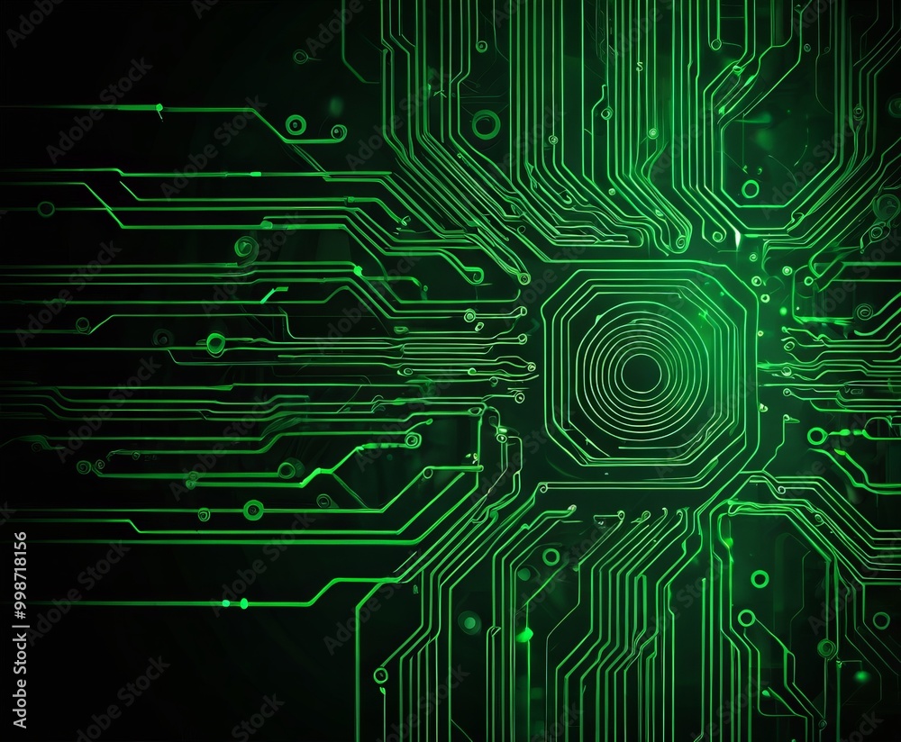 Aufkleber a complex circuit board with a green background and intricate patterns of lines and circles